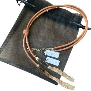 WhiteHouseBlack Market Tan/Camel Color Genuine Leather Gold Tone Lariat Necklace